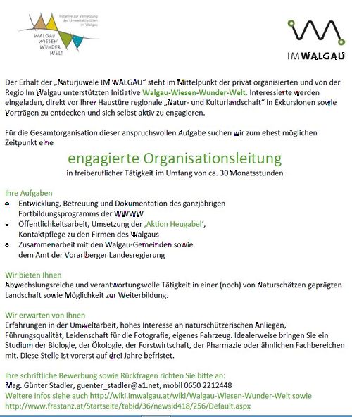 Stelleninserat: engagierte Organisationsleitung gesucht